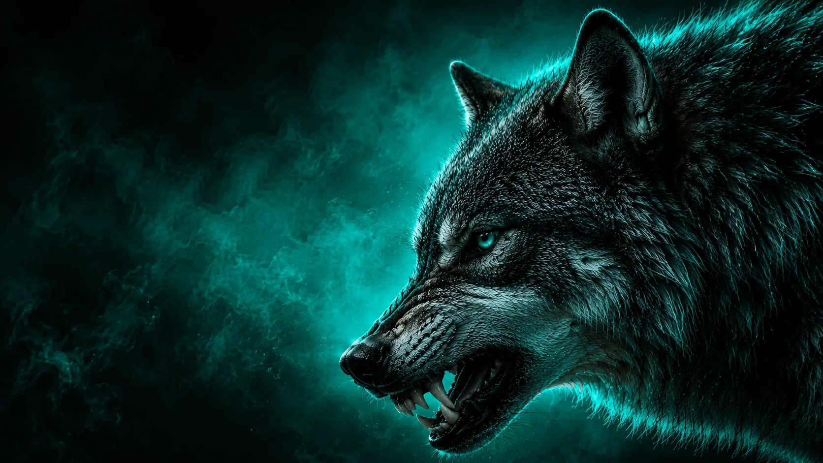 Wolf portrait with teal light representing focus and strength